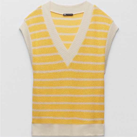 Zara Yellow and White Striped Knit Rustic Vest Size S NWT - Picture 2 of 14
